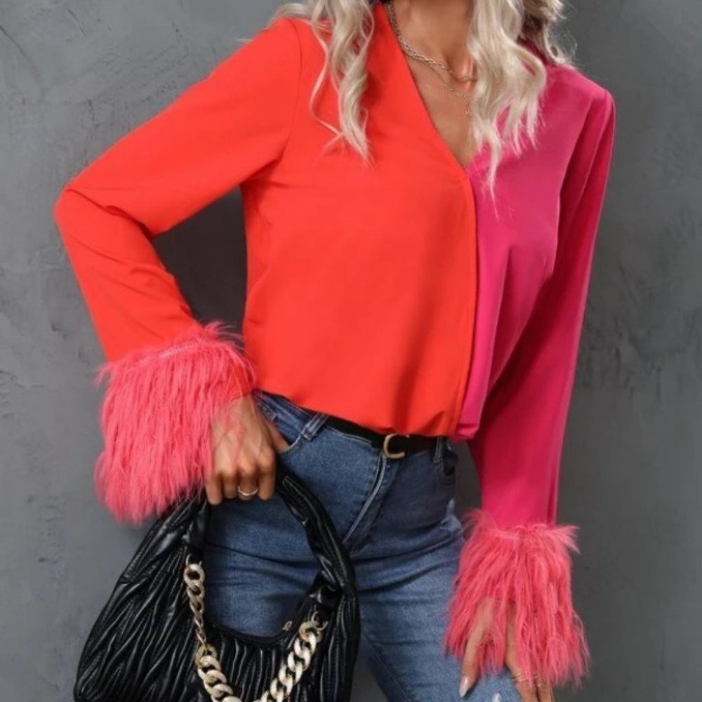 top trends colorblock blouse with faux furry fuzzy cuffs - Picture 7 of 9